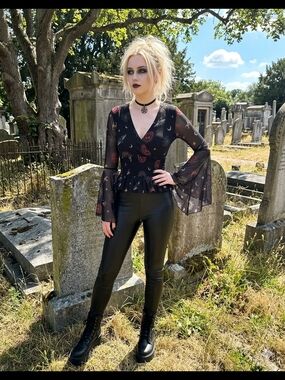 Black Sheer Bell-Sleeve Blouse with Red Paisley Print